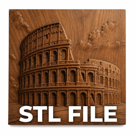Form Arcade’s Roman Colosseum Relief STL File | Colosseum CNC Wall Art features detailed clouds and textures, making it ideal for woodworking projects. "STL FILE" appears in bold white letters at the bottom of the carved relief.
