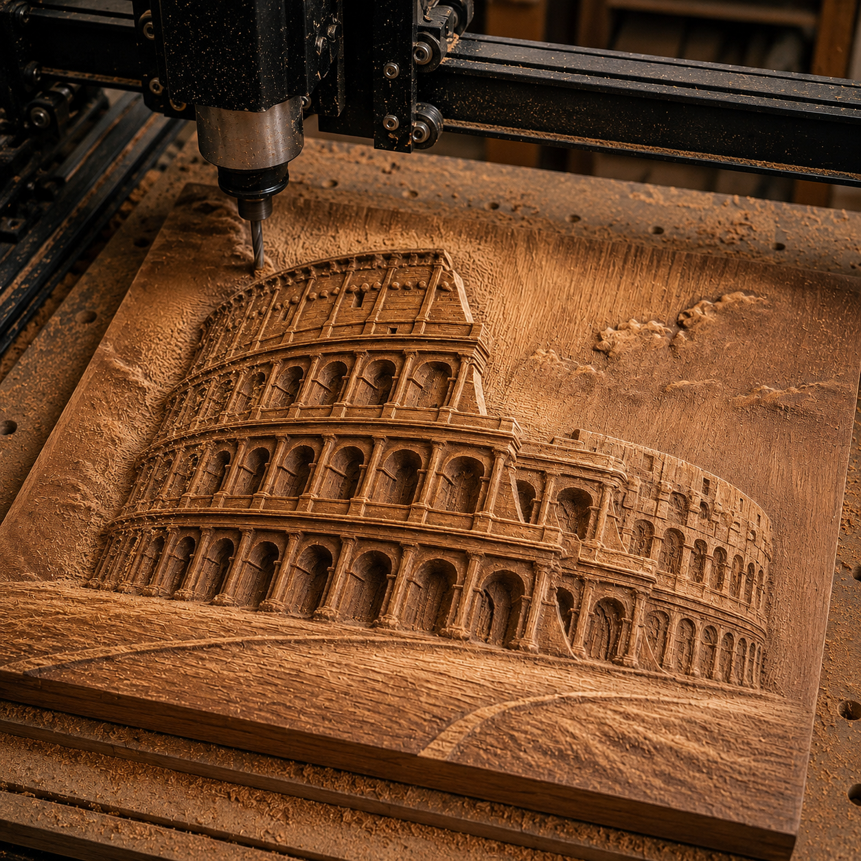 A CNC machine from Form Arcade uses the Roman Colosseum Relief STL File to carve detailed Colosseum wall art into wood, with shavings scattered around the partially completed piece.
