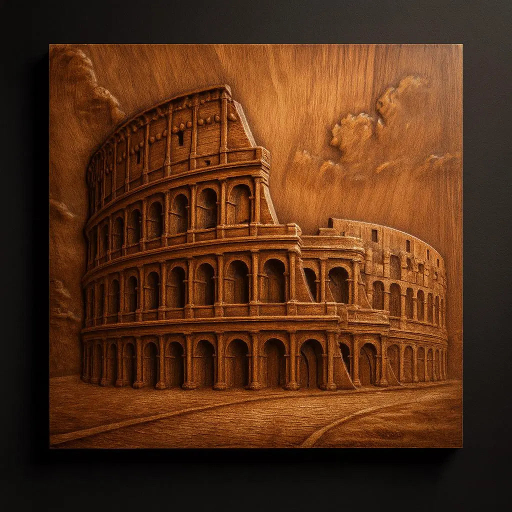 The Roman Colosseum Relief STL File by Form Arcade features a detailed CNC wall art design, showcasing intricate arches against a dark wall with dramatic clouds in the background.