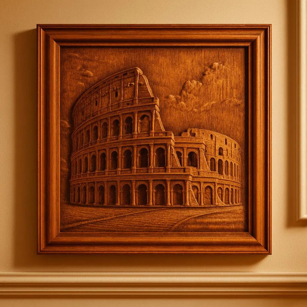Form Arcade’s Roman Colosseum Relief STL File showcases CNC-carved wall art with detailed arches and textures, creating a striking display when mounted on a beige wall.