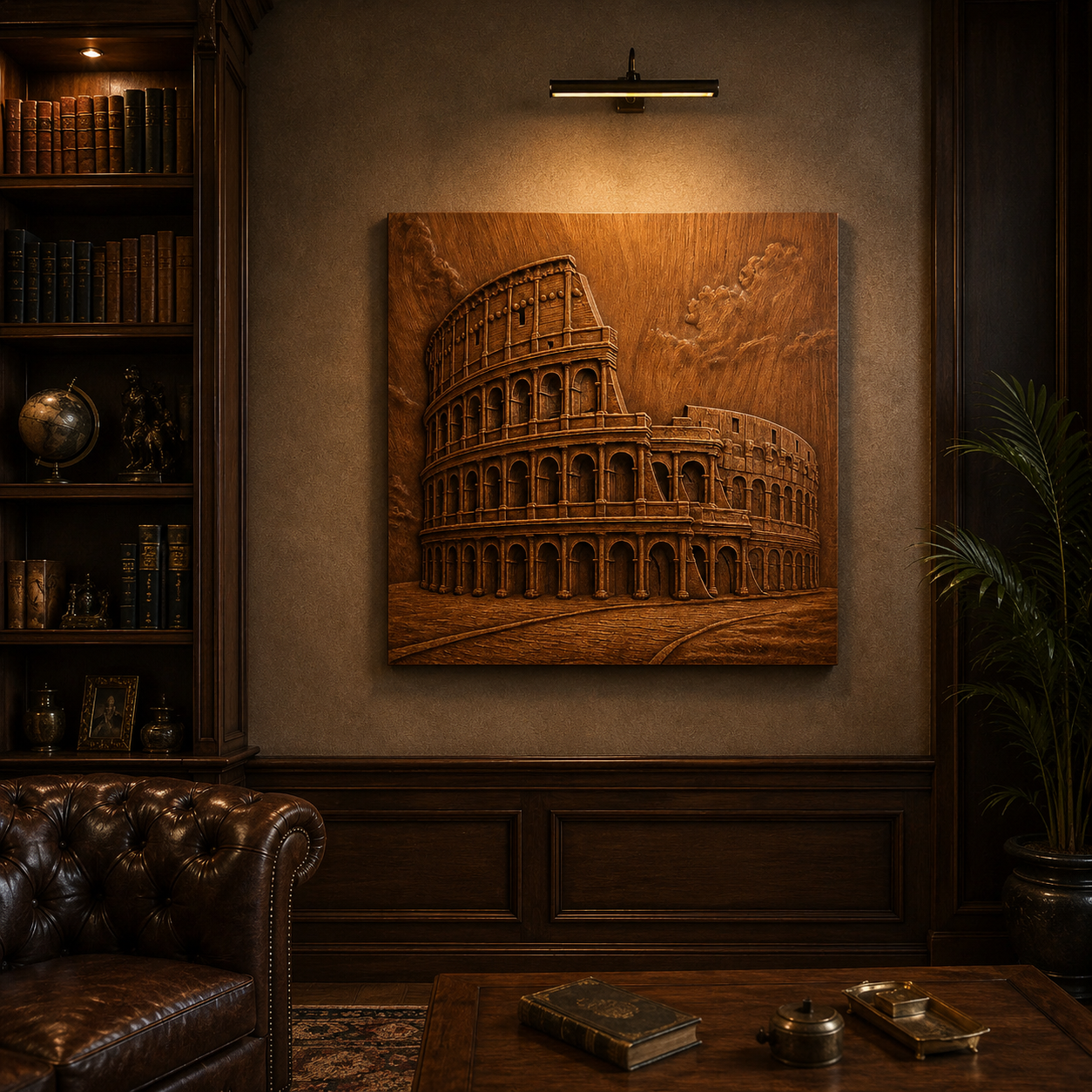 A cozy study with dark wood paneling features Form Arcade’s “Roman Colosseum Relief STL File | Colosseum CNC Wall Art” above a brown leather sofa, surrounded by bookshelves and a potted plant.