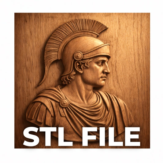 The Roman Warrior Profile Relief STL File by Form Arcade features a Roman soldier in profile with classic armor and helmet—ideal for 3D printing or CNC wall art. "Roman Warrior STL FILE" is boldly displayed at the bottom.
