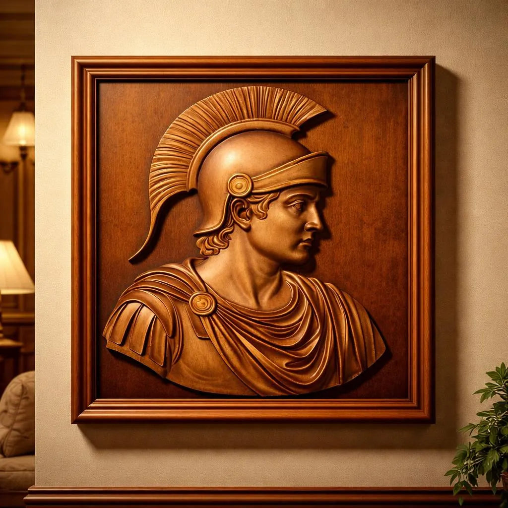 The "Roman Warrior Profile Relief STL File" by Form Arcade—a CNC wall art design inspired by ancient soldiers—features a framed wooden carving, displayed on a beige wall in a warmly lit room.