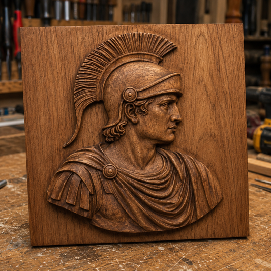 The Roman Warrior Profile Relief STL File by Form Arcade features a detailed Roman soldier in helmet and armor—perfect CNC wall art for woodworking enthusiasts seeking an inspiring, historical-themed carving design.