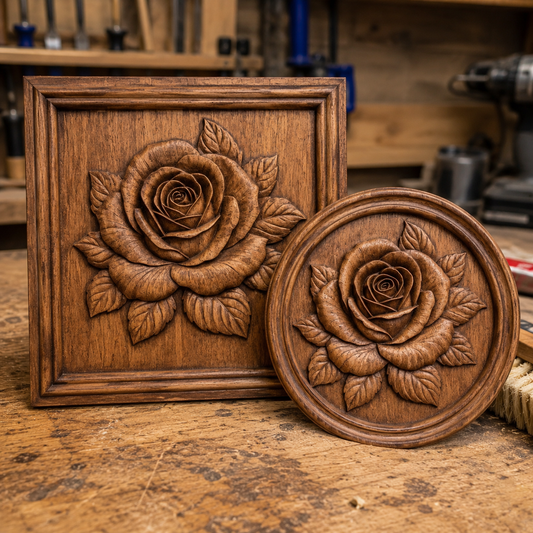 The Rose Relief STL Bundle | Round & Square CNC 2-Pack by Form Arcade features two intricately carved wooden plaques, one round and one square, shown in a woodworking shop with tools and materials in the background.