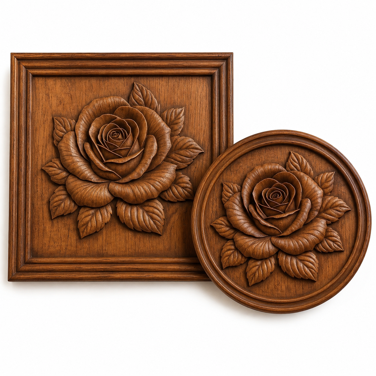 The Form Arcade Rose Relief STL Bundle includes round and square CNC files featuring detailed carved roses and leaves—ideal for woodworking projects. Both designs are shown overlapping on a white background, highlighting intricate textures.