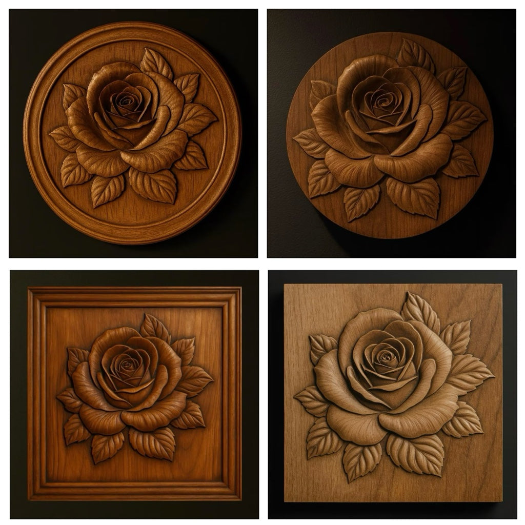 Enhance your woodworking projects with the Form Arcade Rose Relief STL Bundle | Round & Square CNC 2-Pack—two detailed rose designs (round and square) in polished wood finish, perfect for CNC relief carving and rose design enthusiasts.