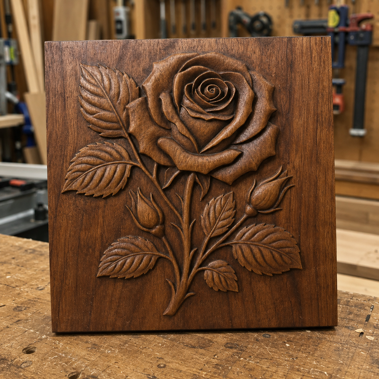 On a workbench in a woodworking shop, surrounded by tools and wood pieces, sits the "Rose Flower Relief STL File | Floral CNC Wall Art" by Form Arcade—a detailed wooden carving featuring a rose with leaves and buds on a square plaque. This exquisite piece highlights the precision achievable with CNC relief carving, making it an inspiring addition to any woodworking project.