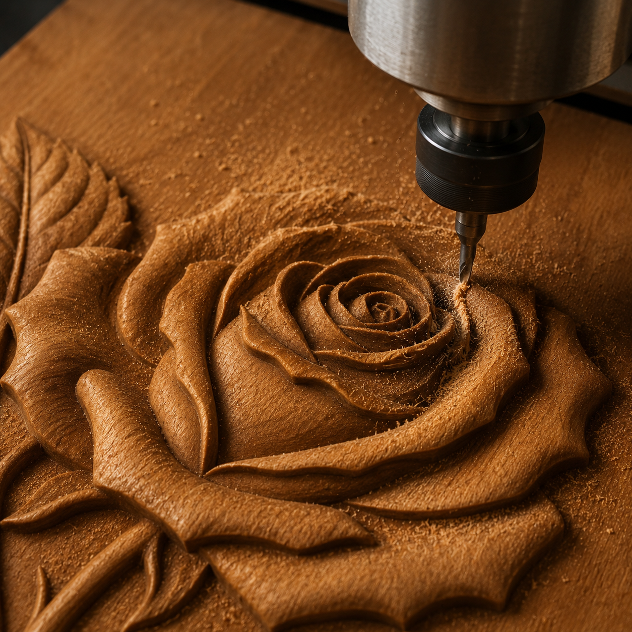 A CNC machine carves a detailed rose design into wood, showcasing fine petals and leaves with precision—an impressive woodworking project made possible using the "Rose Flower Relief STL File | Floral CNC Wall Art" by Form Arcade.