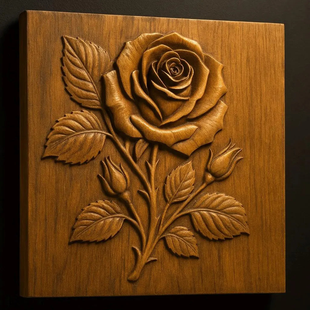 The Rose Flower Relief STL File by Form Arcade showcases a detailed rose with leaves and two buds, all intricately sculpted in relief against a smooth, square background—ideal for woodworking projects or CNC wall art.