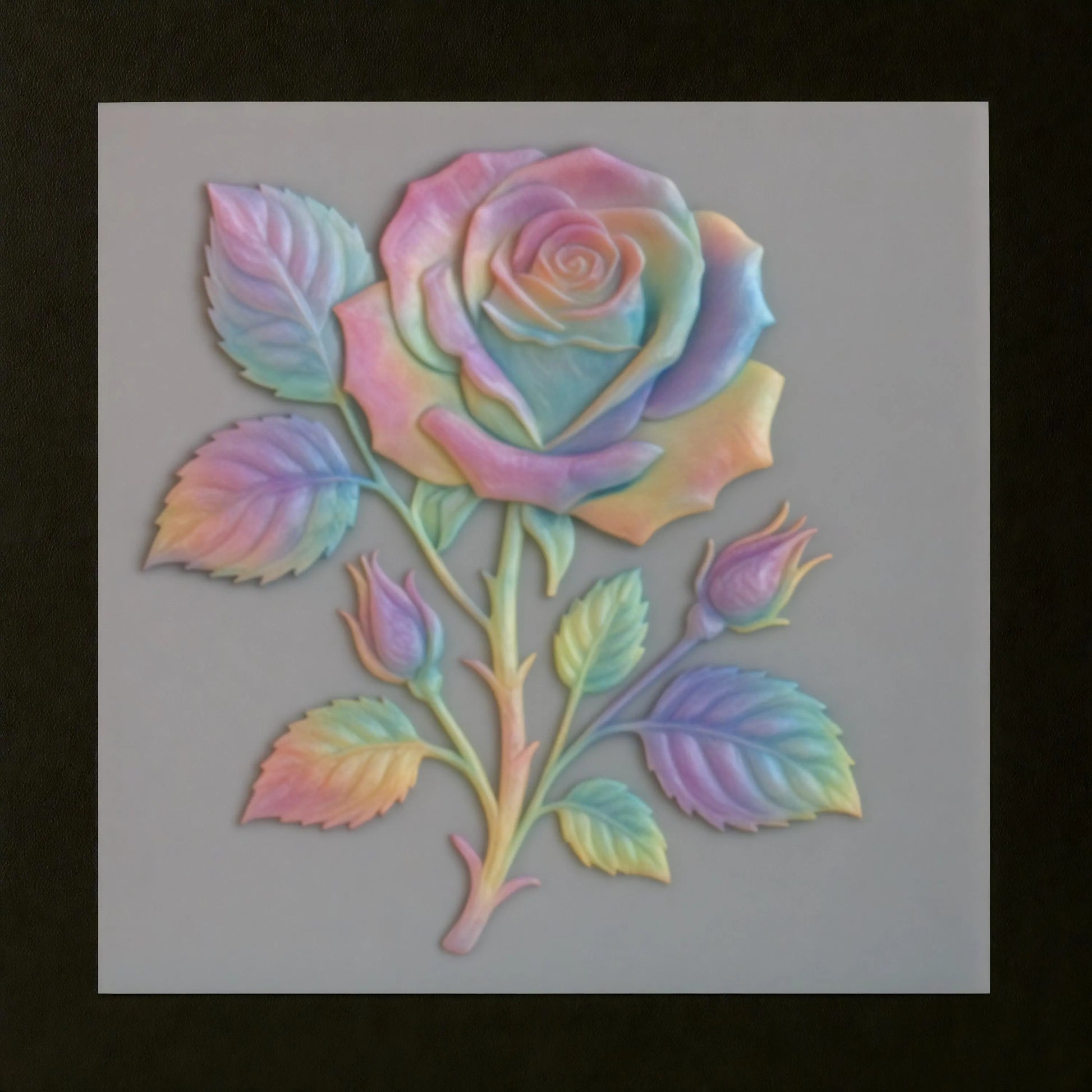 A pastel-colored embossed rose with leaves and buds appears on a light gray background, framed by a dark border. Featuring gradients of pink, purple, blue, yellow, and green, this design is perfect for woodworking projects using the "Rose Flower Relief STL File | Floral CNC Wall Art" by Form Arcade.