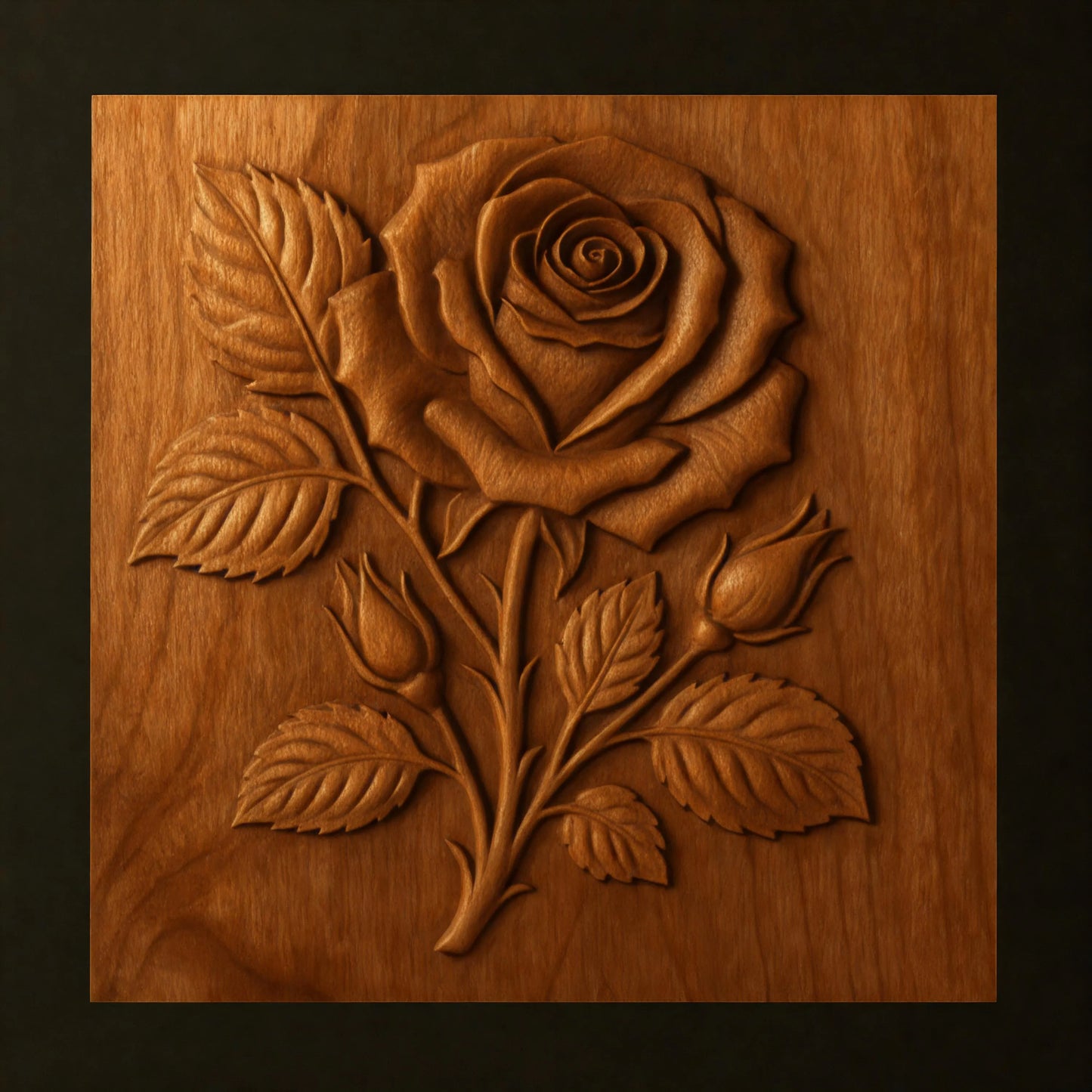 Crafted by Form Arcade, the "Rose Flower Relief STL File | Floral CNC Wall Art" features an intricately designed square panel showcasing a detailed rose with leaves and buds, expertly modeled for CNC relief carving to create a striking three-dimensional floral artwork.