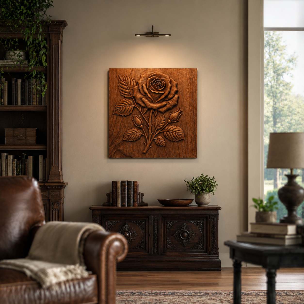 A cozy living room features the "Rose Flower Relief STL File | Floral CNC Wall Art" by Form Arcade displayed on the wall, beautifully showcasing intricate CNC relief carving techniques. The space is adorned with ornate furniture, a leather armchair, bookshelves, a side table with a lamp, and plants by a sunlit window.