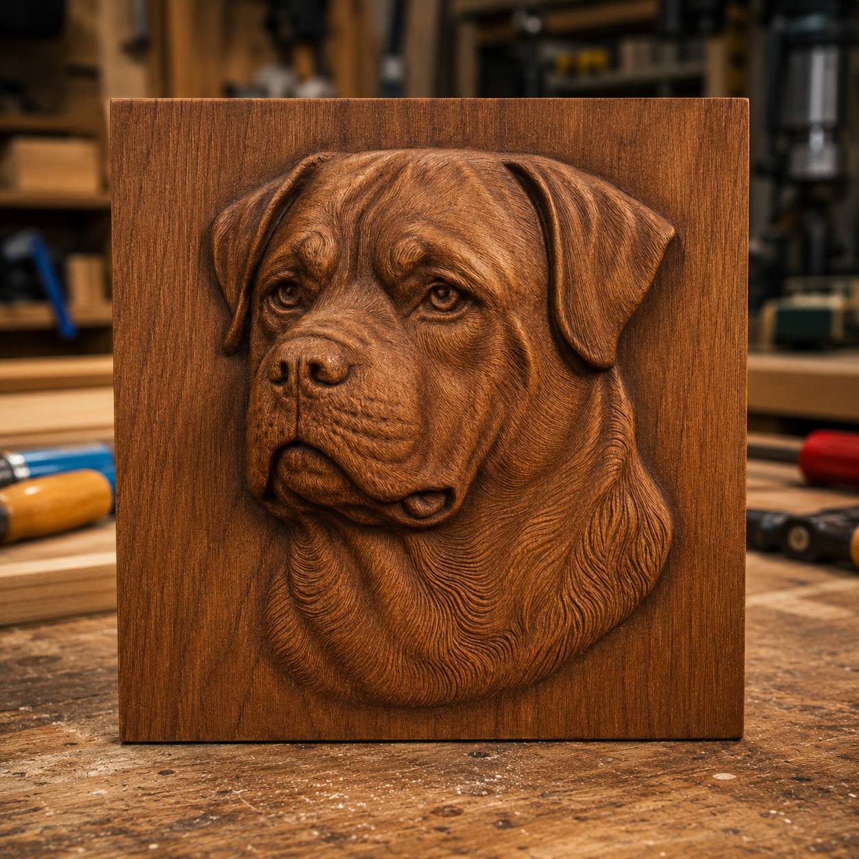 A Rottweiler Dog Portrait CNC Relief, crafted using the Dog CNC Wall Art STL file from Form Arcade, is mounted on a square wooden plaque and displayed on a workbench in a woodworking shop with tools in the background.
