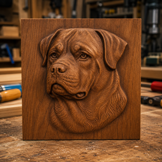 A Rottweiler Dog Portrait CNC Relief, crafted using the Dog CNC Wall Art STL file from Form Arcade, is mounted on a square wooden plaque and displayed on a workbench in a woodworking shop with tools in the background.