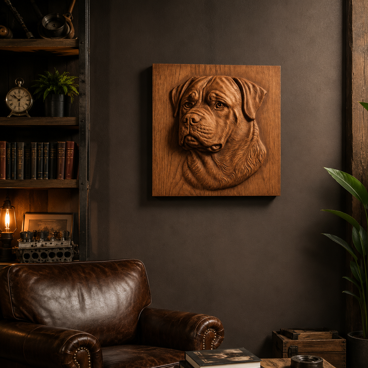 A cozy study features a leather chair, bookshelves, and the Rottweiler Dog Portrait CNC Relief STL File by Form Arcade, beautifully carved as dog-themed wall art and mounted on a dark wall. Warm lighting enhances the inviting atmosphere, making it an ideal space for woodworking projects.
