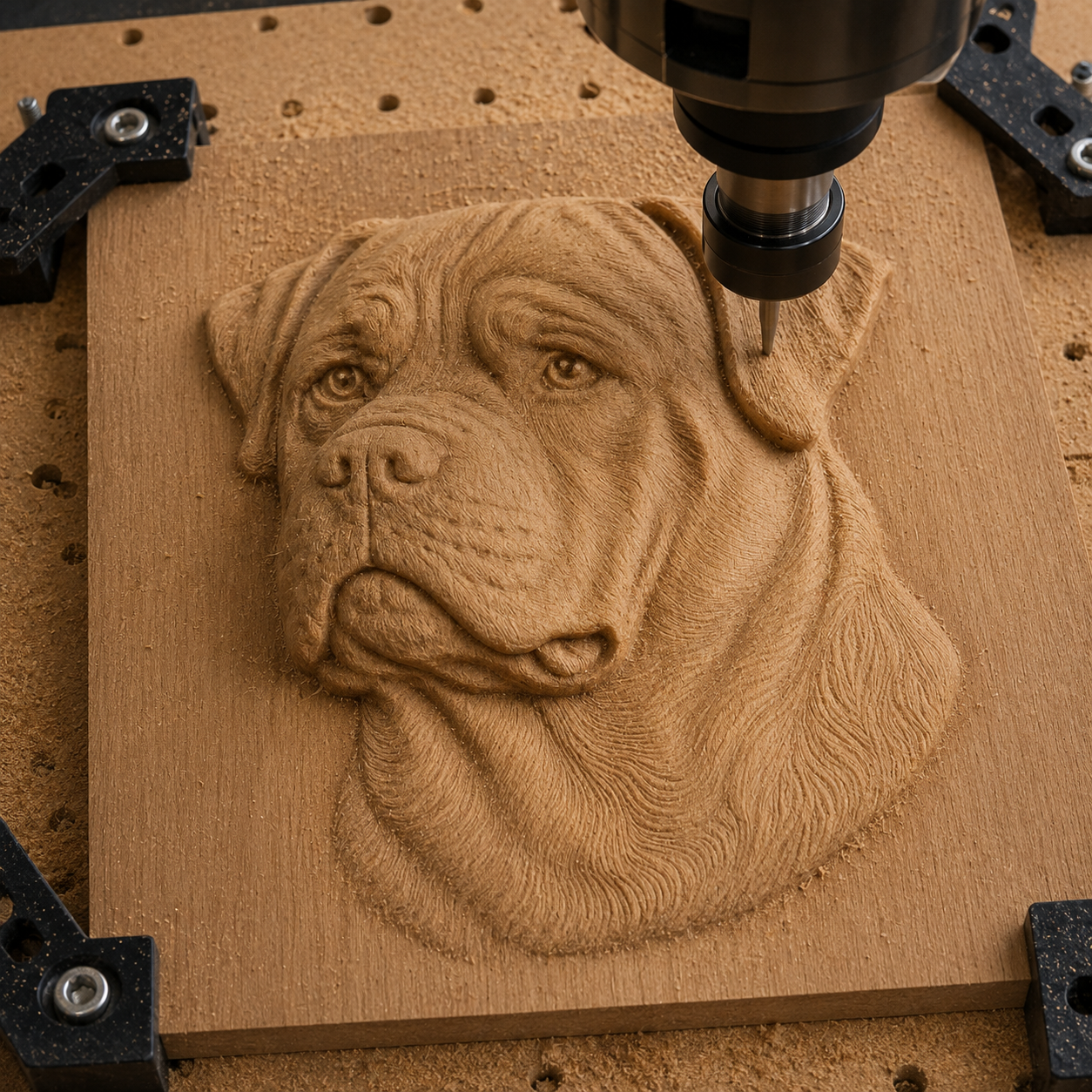 A CNC machine intricately carves the Rottweiler Dog Portrait CNC Relief STL File by Form Arcade into a square wooden board, bringing out the dog’s expressive face and fur in fine detail. Clamped securely to the work surface, this project is an excellent choice for woodworking enthusiasts seeking striking dog CNC wall art.