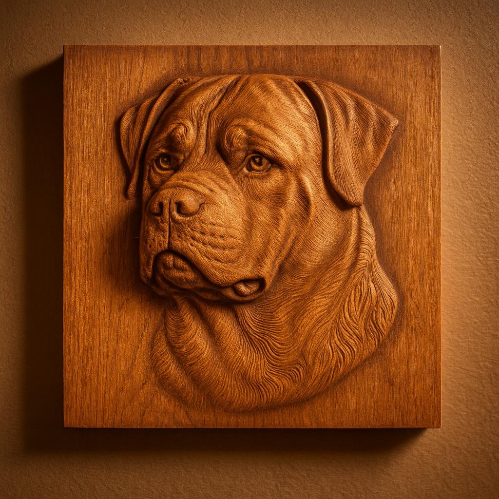 The "Rottweiler Dog Portrait CNC Relief STL File | Dog CNC Wall Art" by Form Arcade is presented as an intricately detailed wooden carving mounted on a square plaque, set against a warm brown background—perfect inspiration for woodworking projects or CNC relief carving enthusiasts.