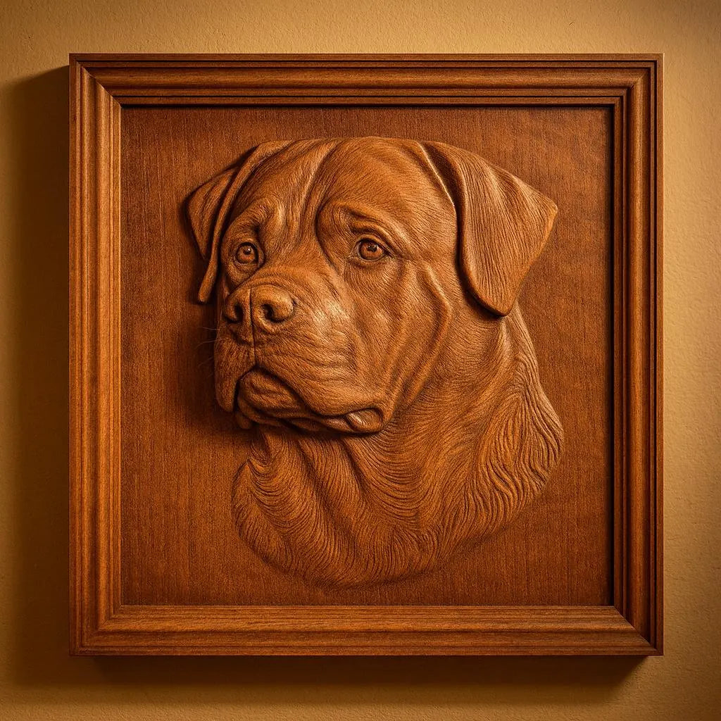 A detailed Rottweiler dog portrait, created using CNC relief carving and offered as an STL file by Form Arcade, is displayed within a square wooden frame mounted on a beige wall. This beautiful piece of dog CNC wall art highlights the Rottweiler’s facial features and fur texture.
