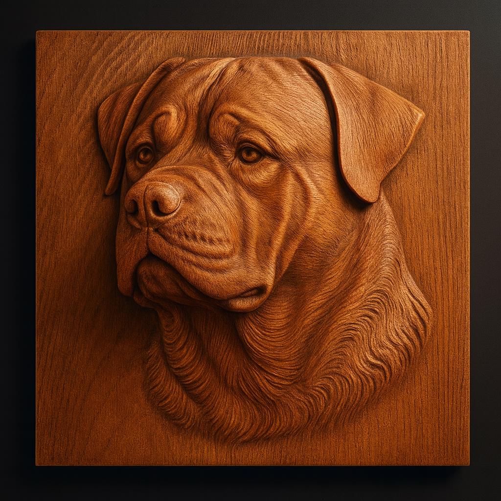 The Rottweiler Dog Portrait CNC Relief STL File by Form Arcade features a highly detailed, realistic Rottweiler head intricately carved in relief on a square plaque against a dark background, making it an impressive example of CNC wall art and an inspiring choice for woodworking and carving projects.