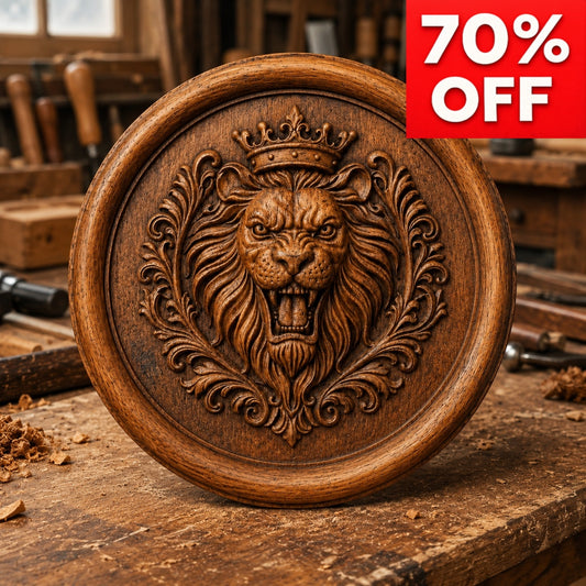 The Royal Lion Crest Medallion Relief STL File by Form Arcade, ideal for lion-themed CNC wall art or home decor, rests in a workshop. A red “70% OFF” banner appears in the top right corner.