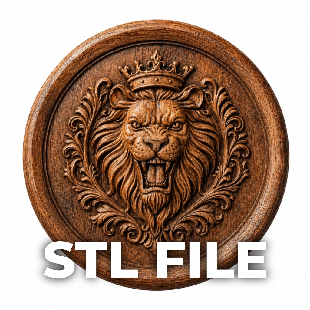 The Royal Lion Crest Medallion Relief STL File by Form Arcade features a crowned lion head with ornate carvings, perfect for lion CNC wall art or carved wood decor. Bold "STL FILE" text enhances this striking home accent.