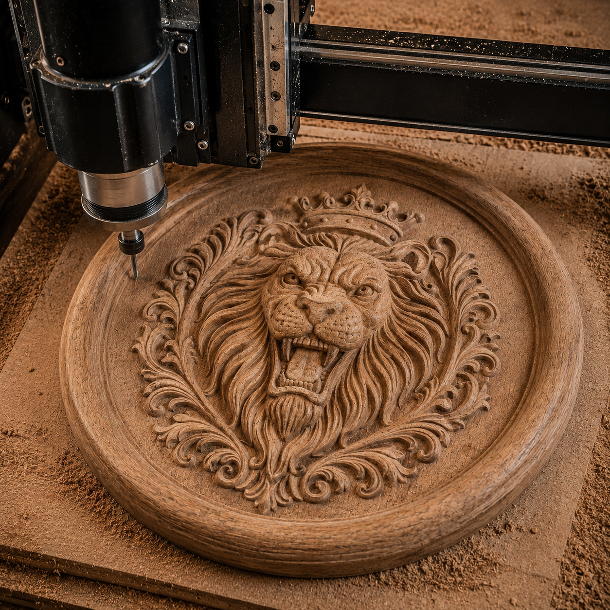 Form Arcade’s Royal Lion Crest Medallion Relief STL File lets you carve a detailed, circular lion crest CNC wall art, perfect as majestic lion home decor or an eye-catching carved wood artwork.
