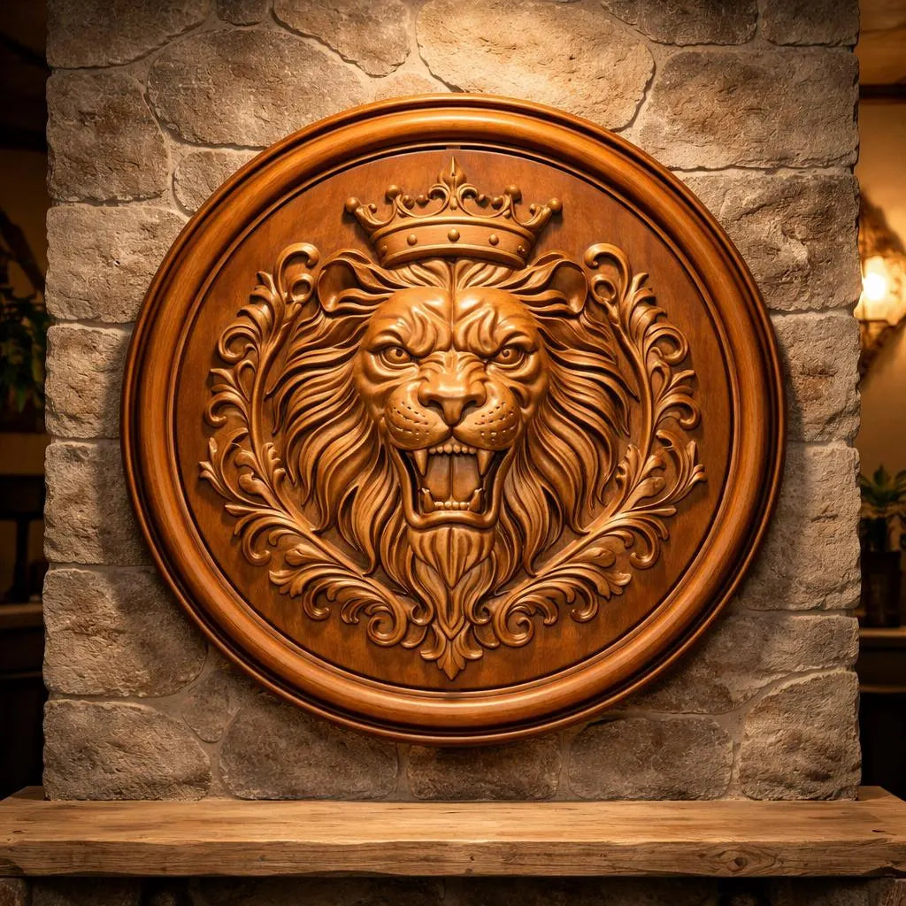 Royal lion crest medallion displayed as carved wood wall art mounted on stone wall showing finished CNC relief panel decor