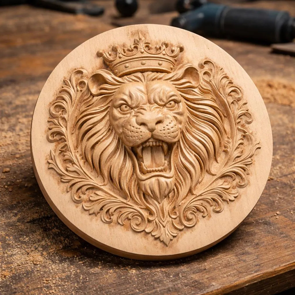 CNC carved lion crest medallion wood panel on workbench showing clean toolpaths depth detail and realistic carving finish