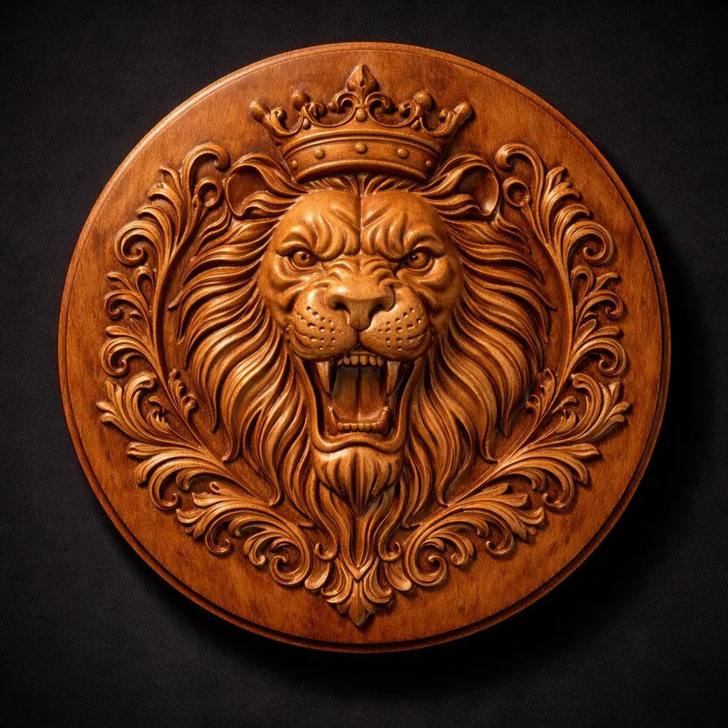 Detailed lion crest medallion relief showing deep carved mane crown and ornamental border optimized for CNC carving and 3D printing
