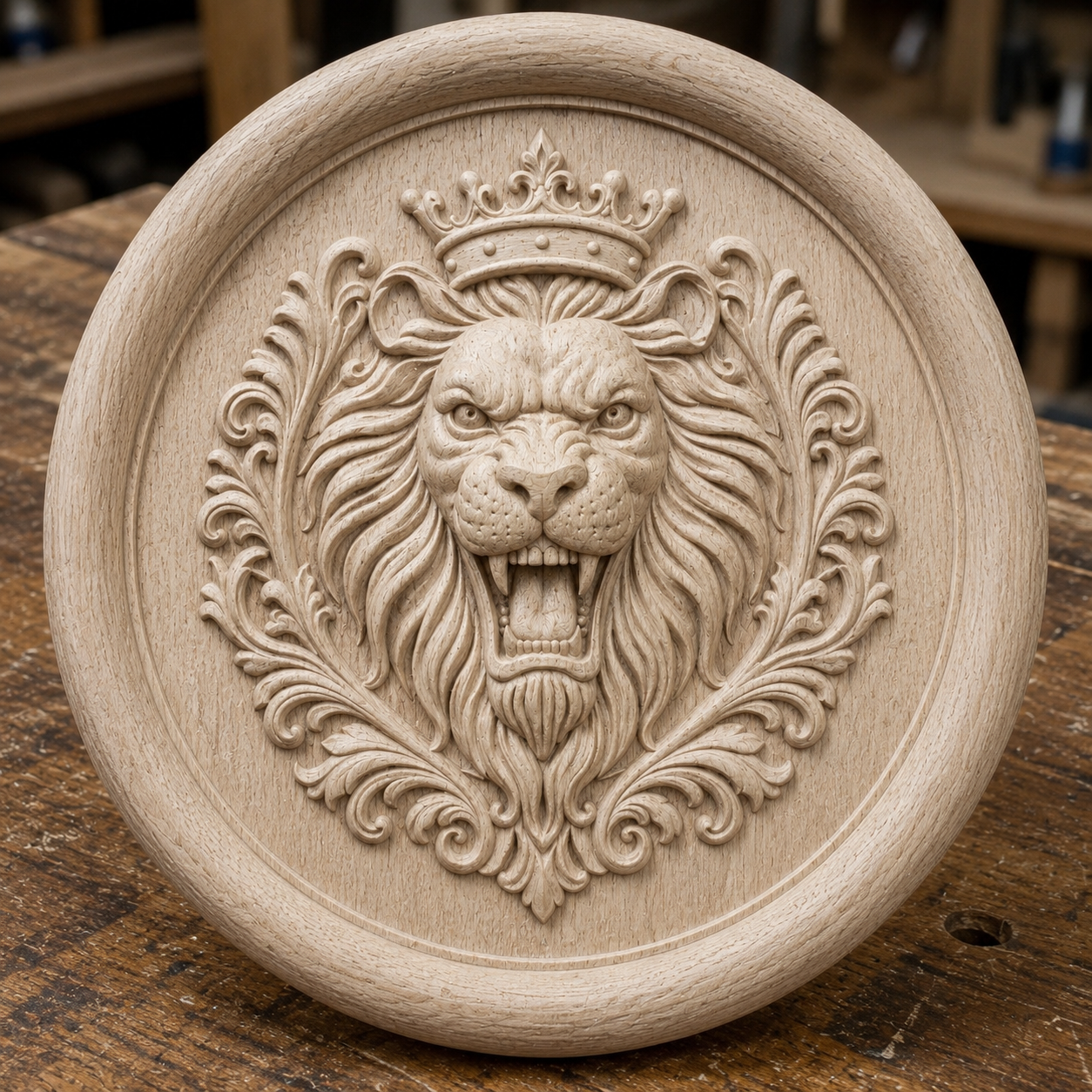 The Royal Lion Crest Medallion Relief STL File by Form Arcade features an ornate lion’s head with a crown and decorative foliage, creating eye-catching lion crest CNC wall art for your home.