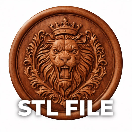Royal lion crest medallion relief STL file shown as CNC carved wood thumbnail featuring crowned lion head for wall art design
