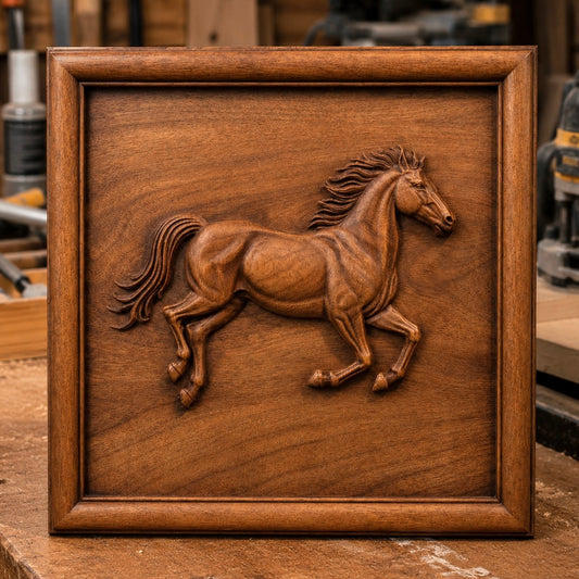 The Running Horse CNC Relief STL File by Form Arcade showcases a detailed depiction of a galloping horse, framed by a raised border. Ideal as wildlife CNC wall art, this digital file enables you to create custom decorative plaques that highlight expert craftsmanship in woodworking projects.