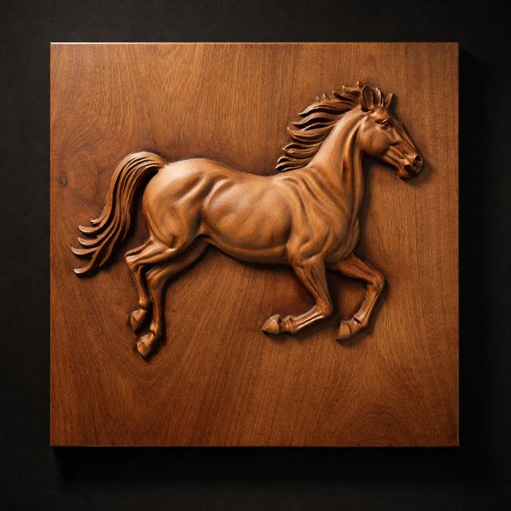 Detailed running horse relief showing smooth carved muscle structure and depth optimized for CNC carving and 3D printing