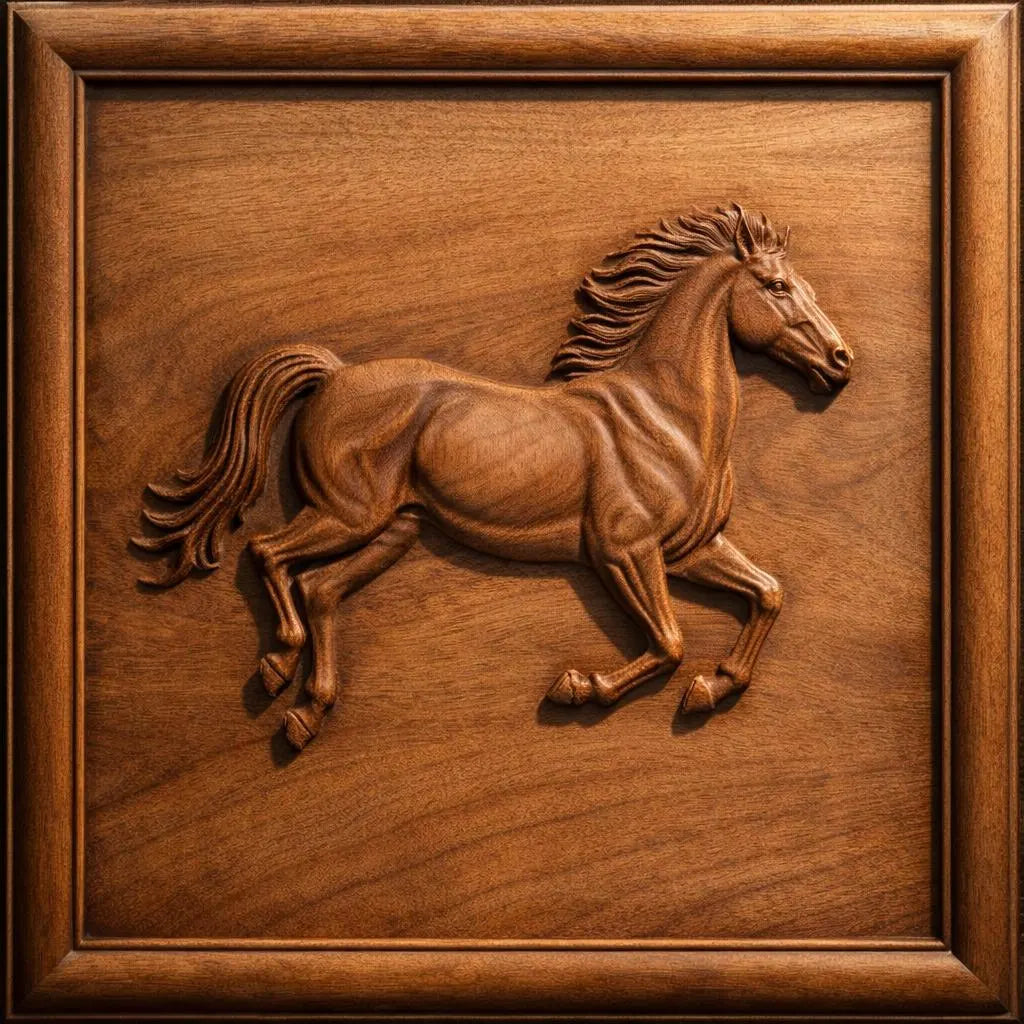 Framed running horse relief wood carving showing clean edges depth and polished CNC finish ready for wall display