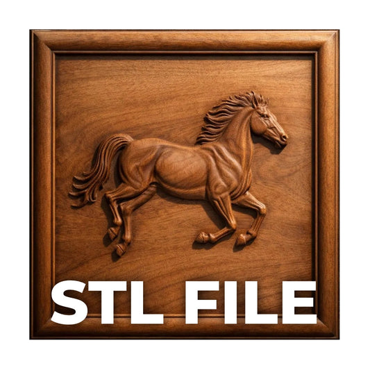 Running horse relief STL file shown as CNC carved wood panel thumbnail featuring dynamic horse motion for wall art carving