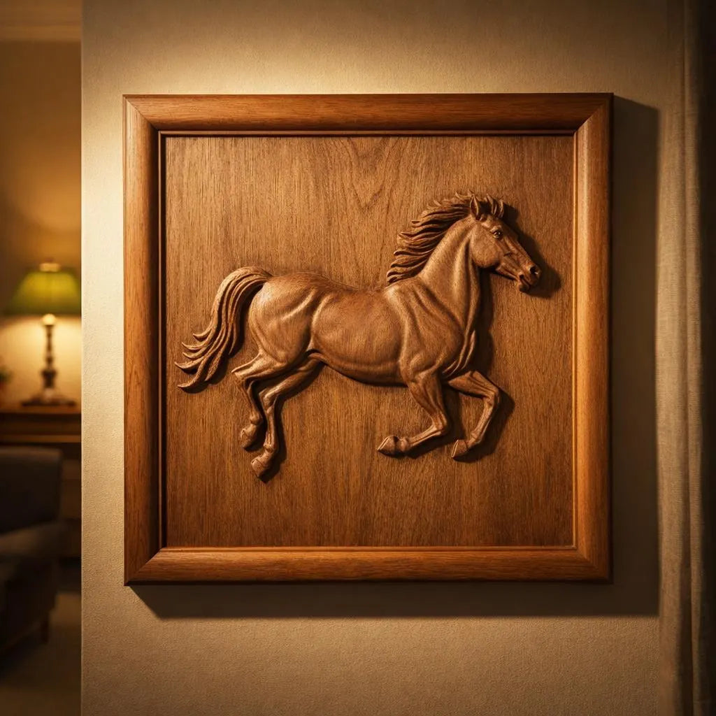 Running horse relief displayed as framed wood wall art in interior setting showing finished CNC carved horse decor piece