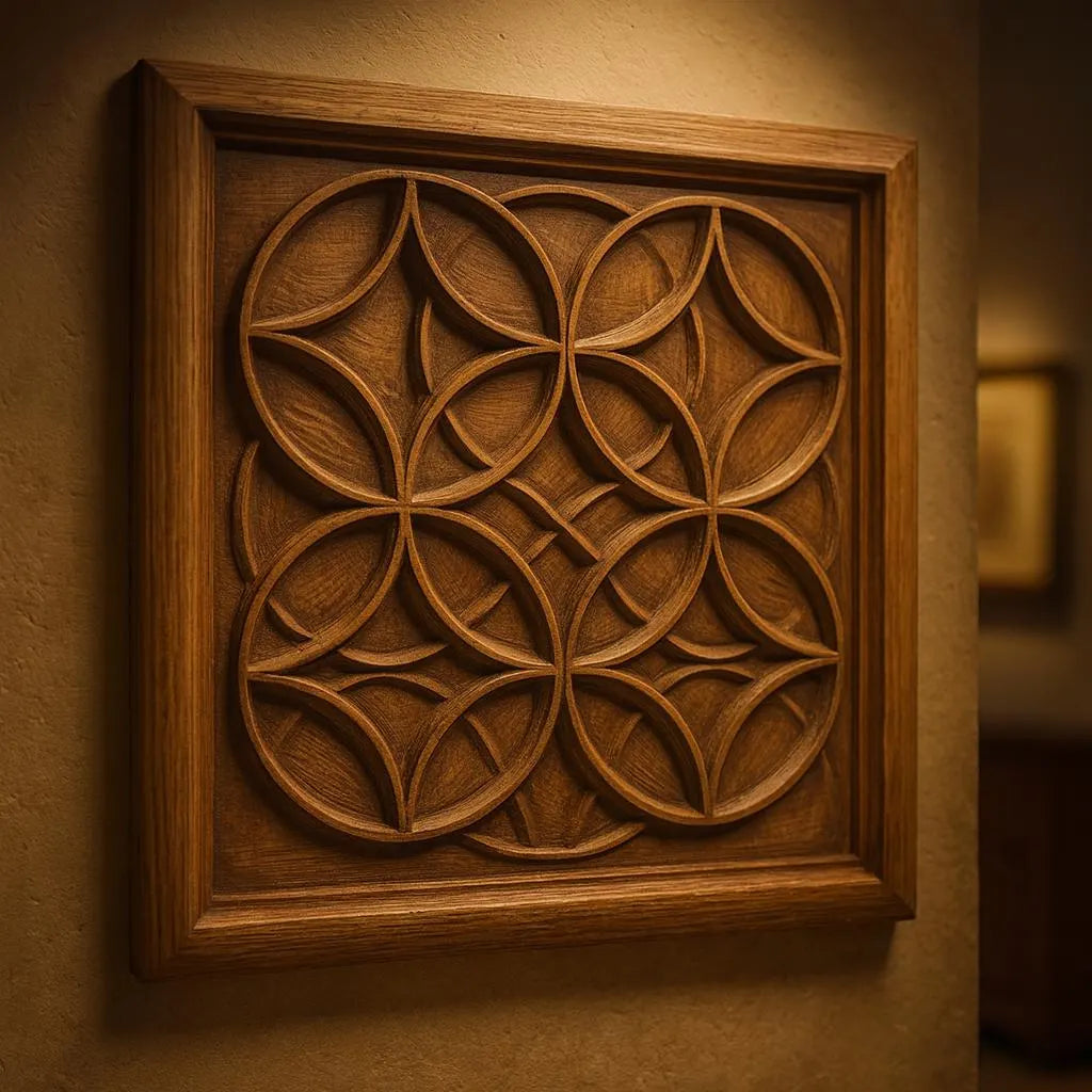 Sacred geometry flower relief CNC wall art displayed as framed wood panel, geometric pattern carving used for home decor, STL file design for CNC machine carving and 3D printing applications