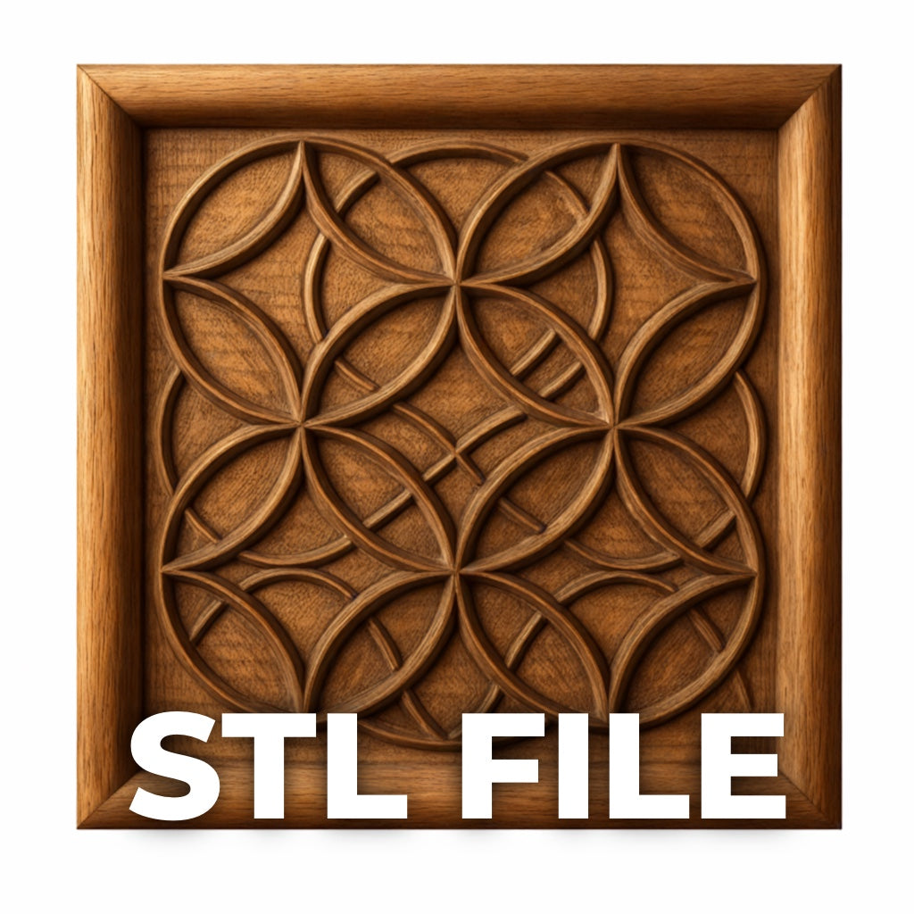 Sacred geometry flower relief carved in wood with repeating circular pattern, geometric CNC wall art panel design with layered symmetry and clean relief depth