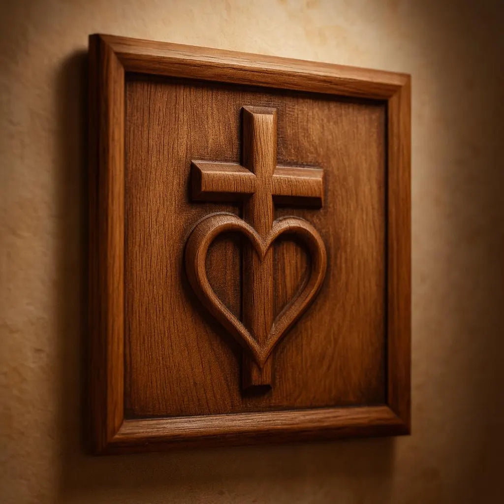 The Sacred Heart Cross CNC Relief STL File by Form Arcade features a detailed cross above a heart, perfect for religious CNC wall art and an inspiring addition to your woodworking projects.