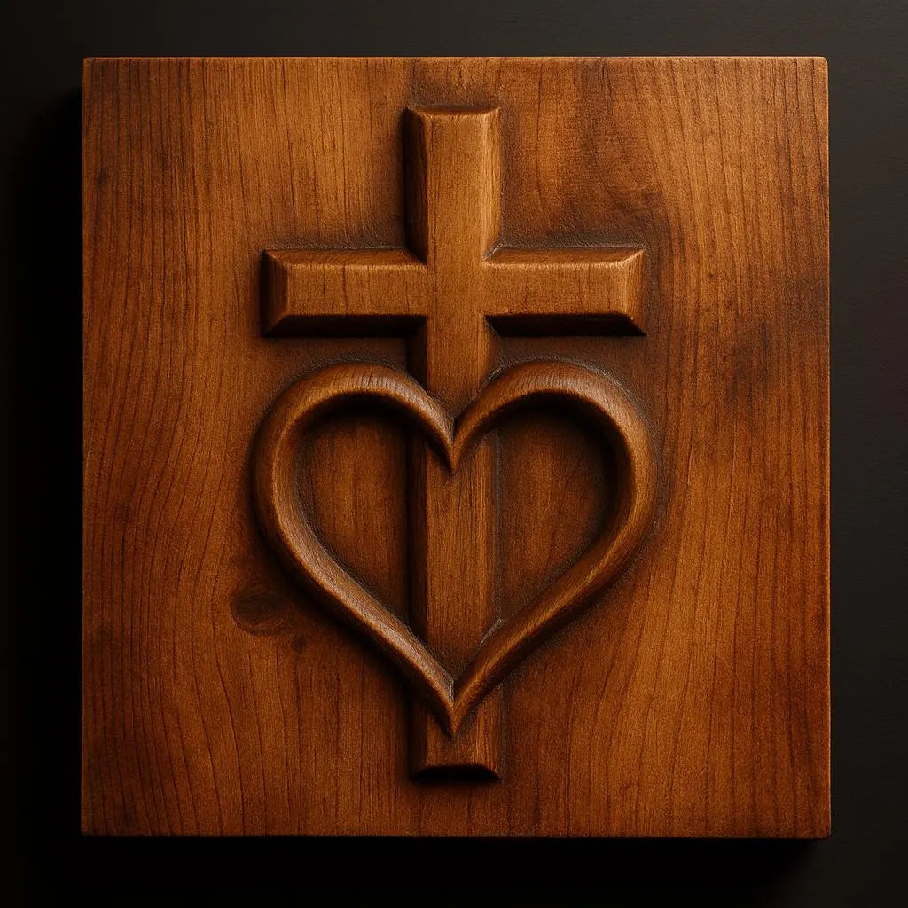 The Sacred Heart Cross CNC Relief STL File by Form Arcade features a cross above a heart, both finely etched for religious CNC wall art—an inspiring digital design for your woodworking projects.