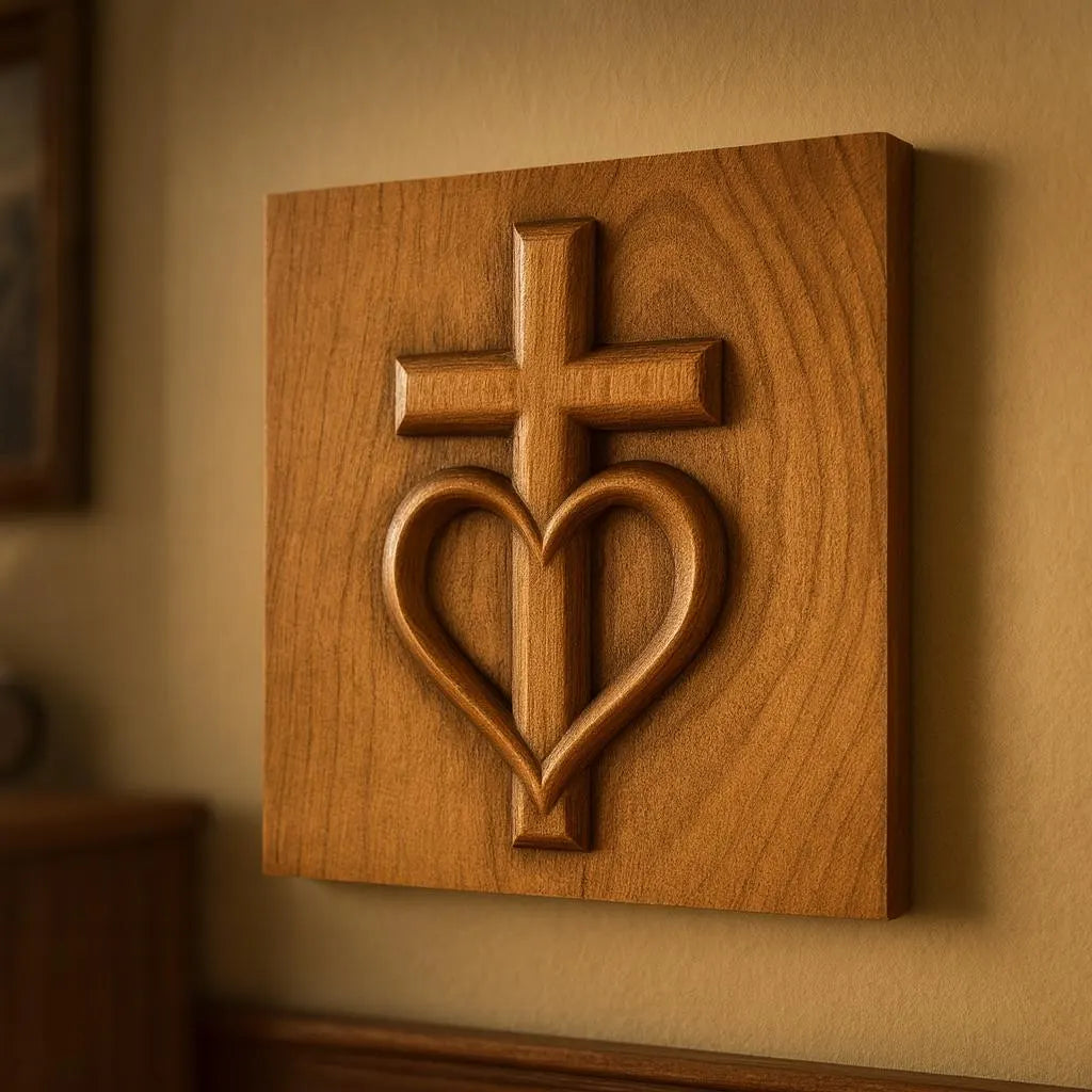 The Sacred Heart Cross CNC Relief STL File by Form Arcade features a cross above a heart, designed for religious CNC wall art and ideal for neutral indoor spaces.