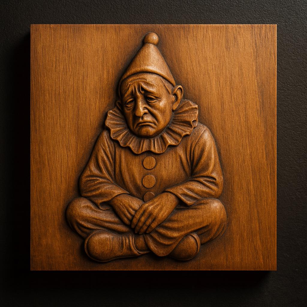The Sad Clown Portrait Relief STL File by Form Arcade features a melancholic clown with downcast eyes and a pointed hat, perfect for CNC wall art or 3D printing. Ideal as unique decor for those who appreciate expressive, detailed carved art.