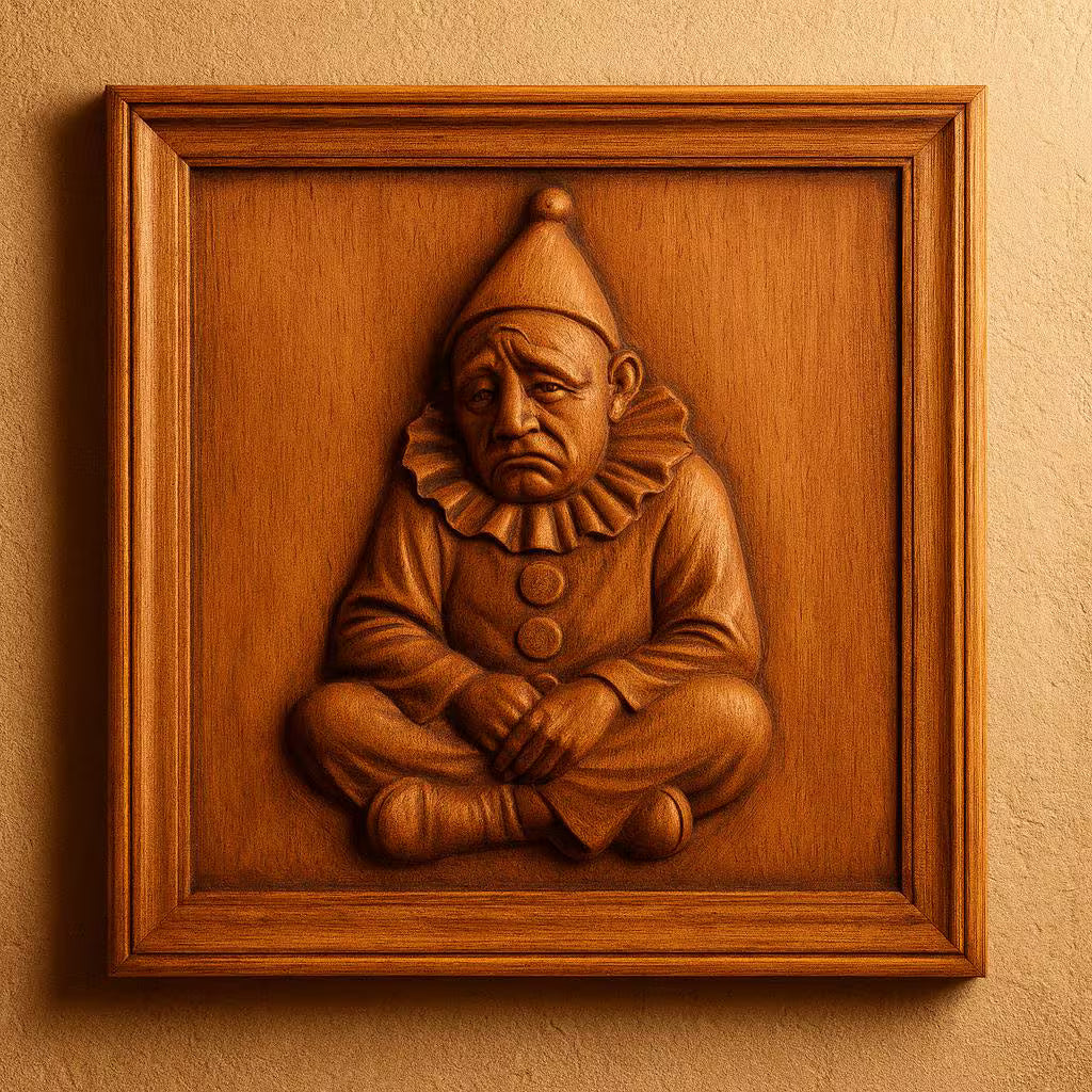 The Sad Clown Portrait Relief STL File by Form Arcade features a sorrowful clown in a ruffled collar and cone hat, perfect for CNC wall art. This digital file is ideal for creating unique sad clown decor and portrait projects.