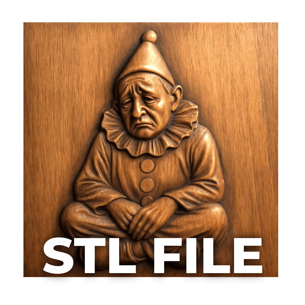 Form Arcade’s Sad Clown Portrait Relief STL File features a cross-legged clown with a ruffled collar and pointed hat, carved in wood. Perfect for CNC wall art or 3D prints, this design displays "STL FILE" at the bottom.