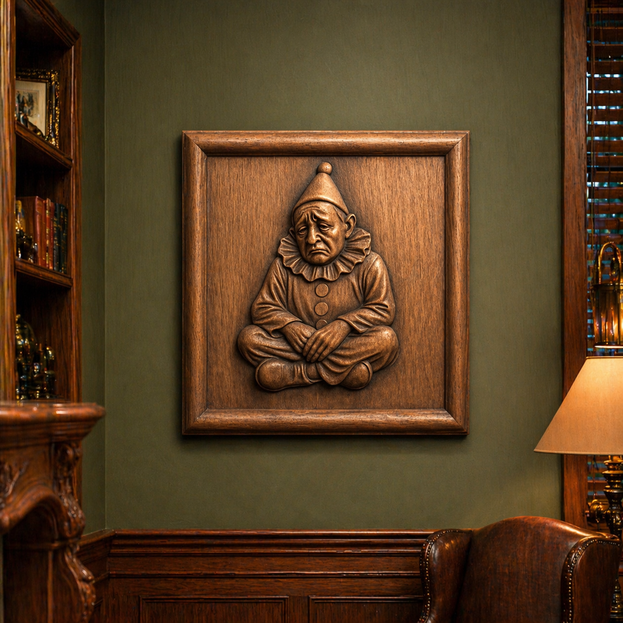 A carved wood relief made from the Sad Clown Portrait Relief STL File by Form Arcade is framed and displayed on a green wall in a cozy, elegant study with bookshelves, a lamp, and a leather chair.