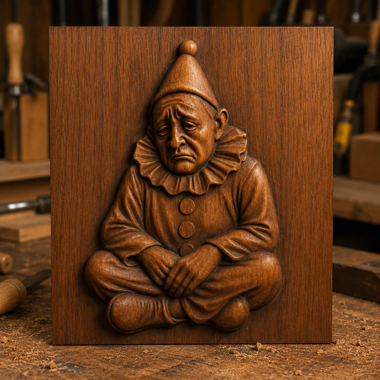 The Sad Clown Portrait Relief STL File by Form Arcade features a cross-legged clown with a downcast expression, ideal for CNC wall art and perfect for adding character to your next carving project.
