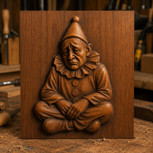 The Sad Clown Portrait Relief STL File by Form Arcade features a cross-legged clown with a downcast expression, ideal for CNC wall art and perfect for adding character to your next carving project.