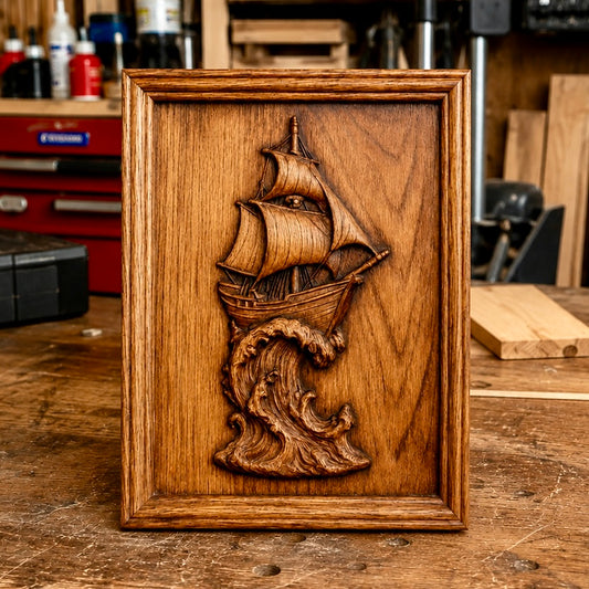 Discover the “Sailing Ship CNC Relief STL File | Nautical Ship CNC Wall Art” by Form Arcade—a meticulously designed digital file featuring a carved ship cresting a wave, perfect for creating nautical-inspired decor in your woodshop or as an impressive Sailing Ship CNC Relief masterpiece for maritime enthusiasts.