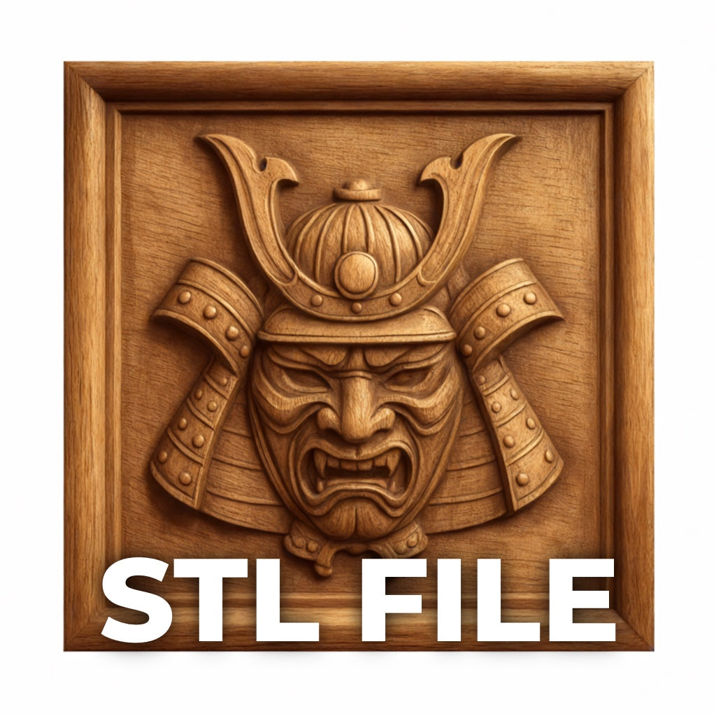 A carved wooden relief of a samurai mask is displayed in a square frame. "Samurai Mask CNC Relief STL File | Samurai CNC Wall Art" by Form Arcade appears at the bottom, indicating a digital CNC file for 3D printing.